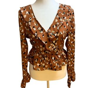 Wild Honey Ruffle Top Brown Print Wrap Front Bell Sleeves Sz M Romantic Boho